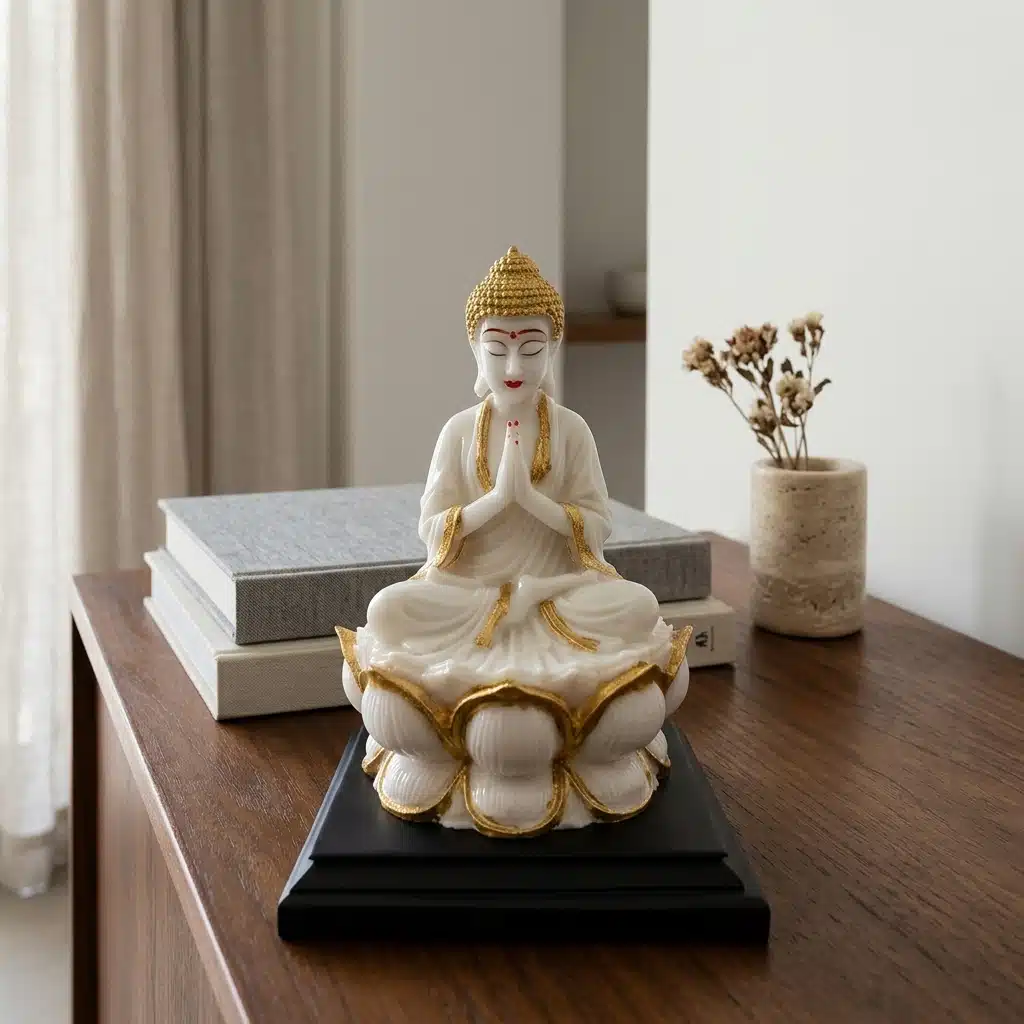 Namaste Buddha Idol – Meditating Resin Statue on Lotus, 10 Inch - Image 2