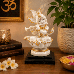 Krishna Idol on Lotus Base – Flute Playing Resin Murti 10 Inch