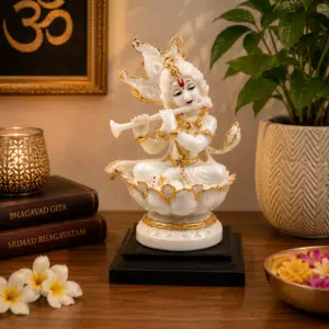 Krishna Idol on Lotus Base – Flute Playing Resin Murti 10 Inch