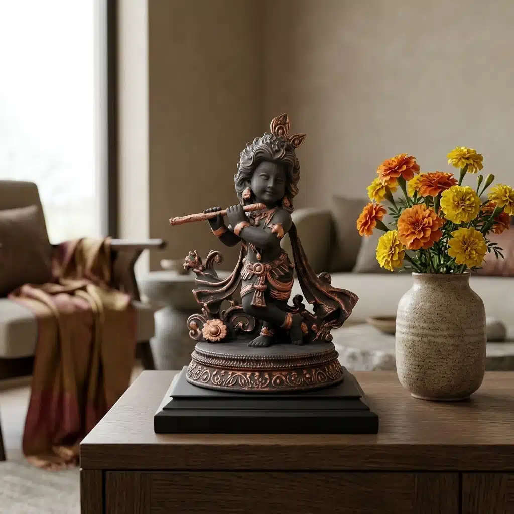Bal Gopal Idol Antique Black & Copper – Krishna Flute Statue - Image 2