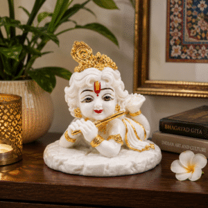 Bal Gopal Idol White & Gold – Baby Krishna Statue with Flute