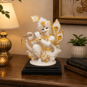 Vedas Mor Mukut Gopal Idol (White & Gold) | Premium Lord Krishna Playing Flute Statue | Handcrafted Resin Krishna Murti for Home Temple, Living Room & Office | Spiritual Showpiece | Janmashtami, Housewarming & Diwali Gift
