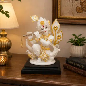 Vedas Mor Mukut Gopal Idol (White & Gold) | Premium Lord Krishna Playing Flute Statue | Handcrafted Resin Krishna Murti for Home Temple, Living Room & Office | Spiritual Showpiece | Janmashtami, Housewarming & Diwali Gift