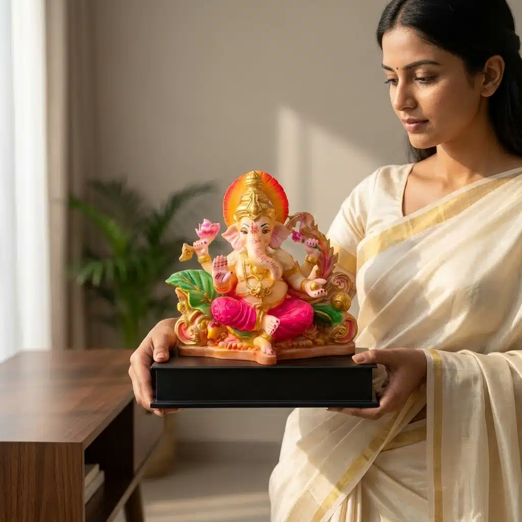 Ganesha Idol on Lotus Throne – Multicolor Resin Ganpati Statue - Image 3