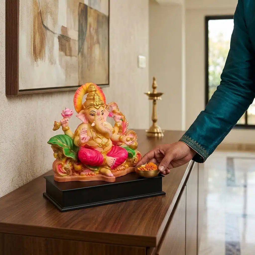 Ganesha Idol on Lotus Throne – Multicolor Resin Ganpati Statue - Image 2