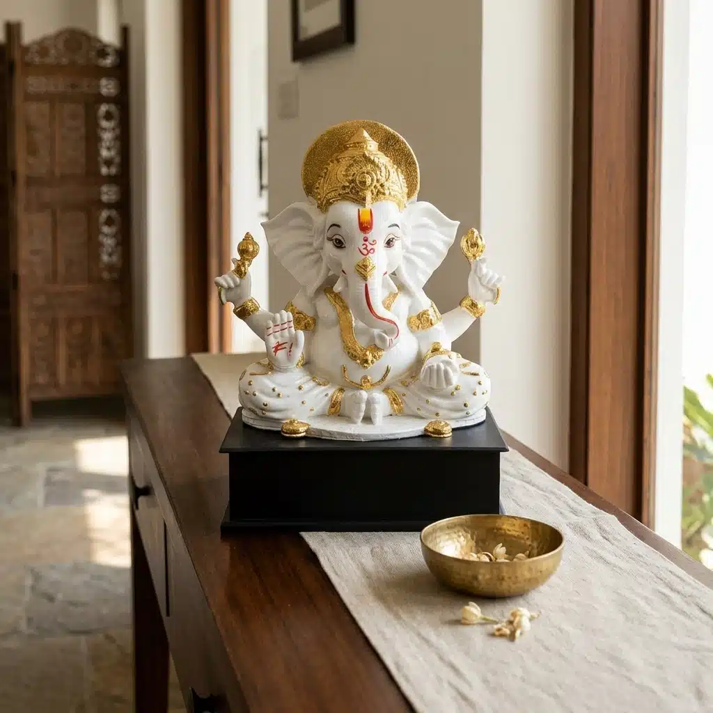 Vedas Siddhi Aura Ganesha Idol (White & Gold) | Premium Lord Ganesha Murti | Handcrafted Resin Ganpati Statue for Home Temple, Living Room & Office | Spiritual Showpiece | Ganesh Chaturthi, Housewarming & Diwali Gift - Image 4
