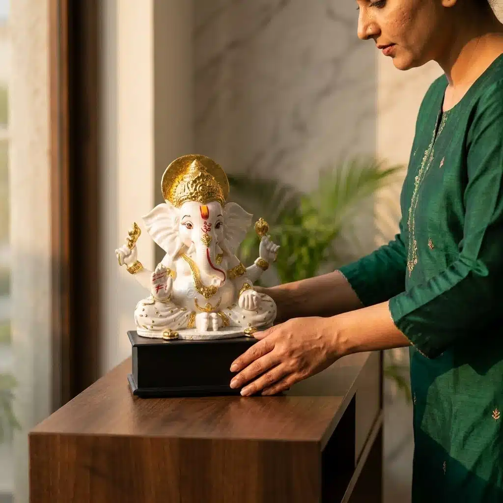 Vedas Siddhi Aura Ganesha Idol (White & Gold) | Premium Lord Ganesha Murti | Handcrafted Resin Ganpati Statue for Home Temple, Living Room & Office | Spiritual Showpiece | Ganesh Chaturthi, Housewarming & Diwali Gift - Image 3