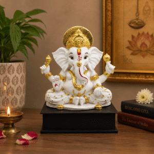 Vedas Siddhi Aura Ganesha Idol (White & Gold) | Premium Lord Ganesha Murti | Handcrafted Resin Ganpati Statue for Home Temple, Living Room & Office | Spiritual Showpiece | Ganesh Chaturthi, Housewarming & Diwali Gift
