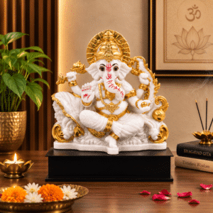 White and Gold Ganesha Idol – Kamal Vaibhav Resin Ganpati Murti