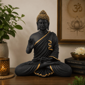 Meditating Buddha Idol Black & Gold – 15 Inch Resin Statue