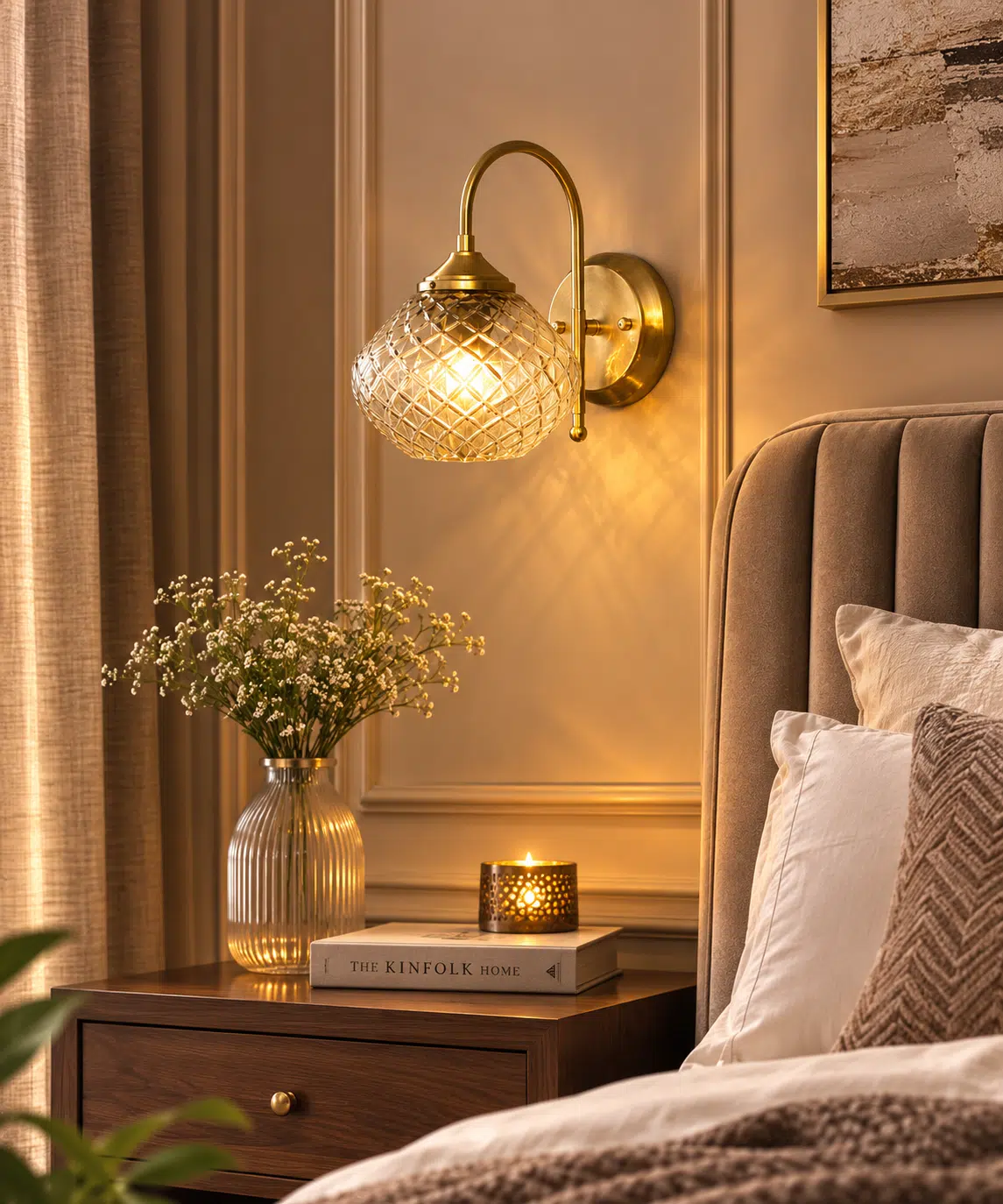 Vintage Brass Wall Light - Diamond Cut Glass E27 Wall Sconce - Image 3