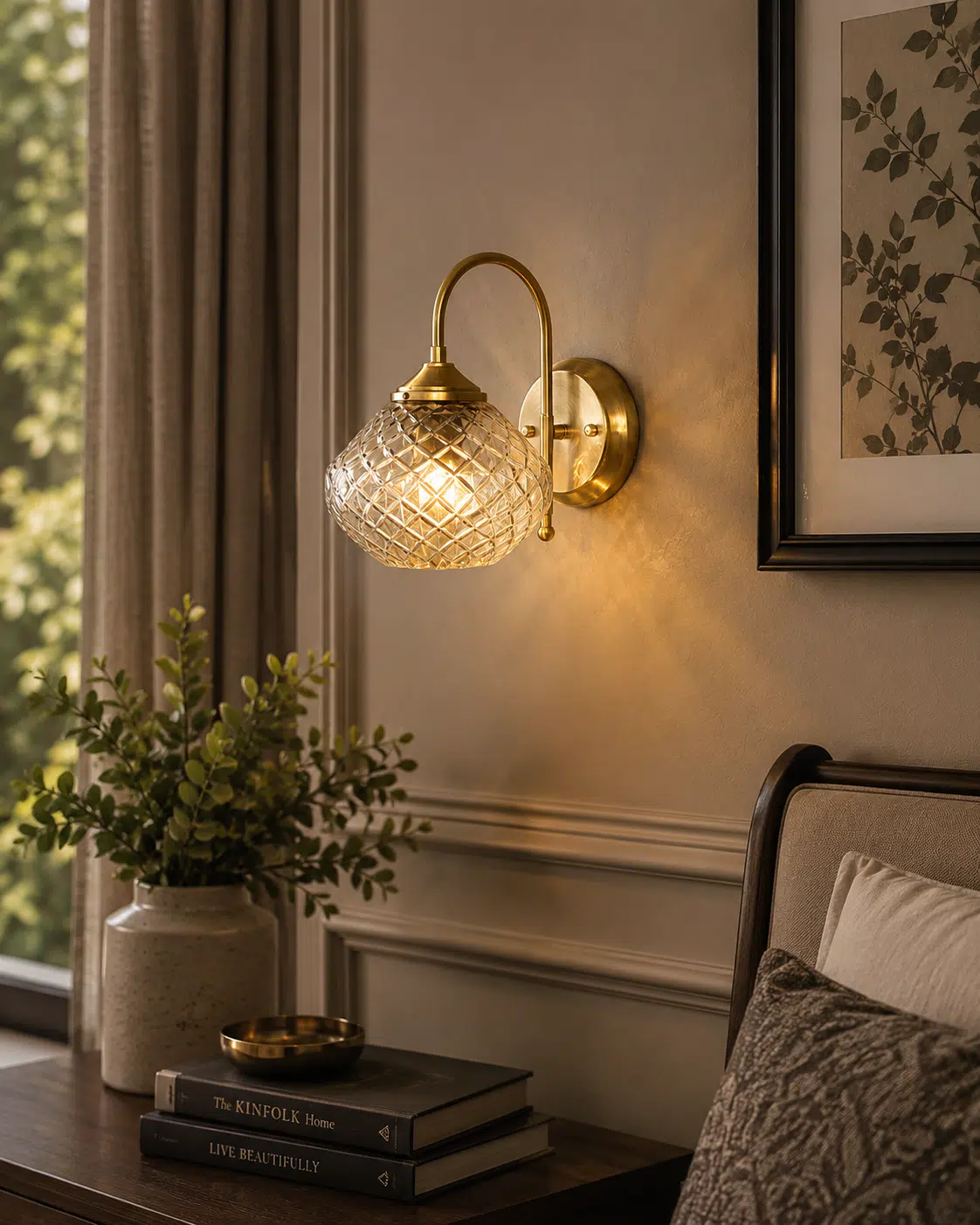 Vintage Brass Wall Light - Diamond Cut Glass E27 Wall Sconce - Image 2