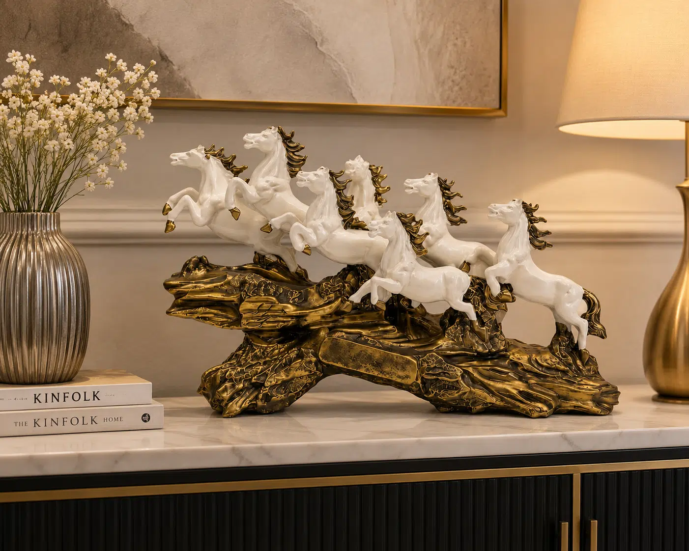 7 Horse Showpiece White - Vedas Royal Gallop Resin Sculpture