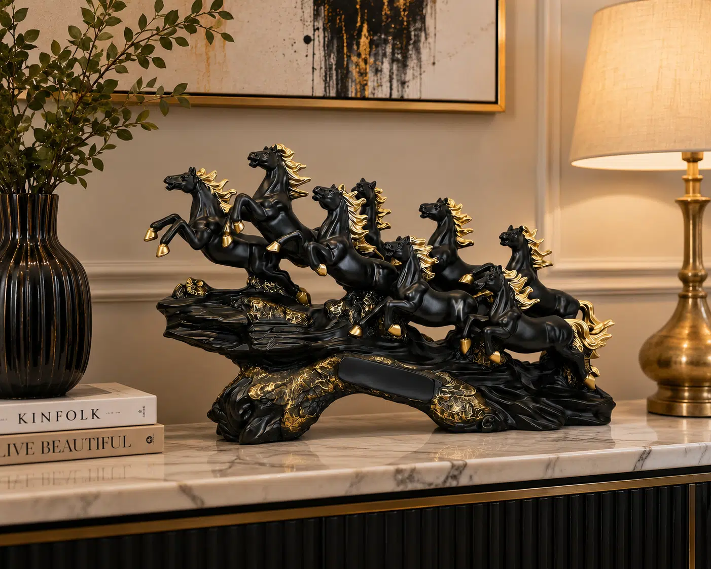 Vedas Seven Royal Gallop Horse Sculpture Décor (Black-Matt) | Premium Resin Horse Showpiece for Home Decoration | Luxury Table Decor for Living Room, Office, Entrance & Gift