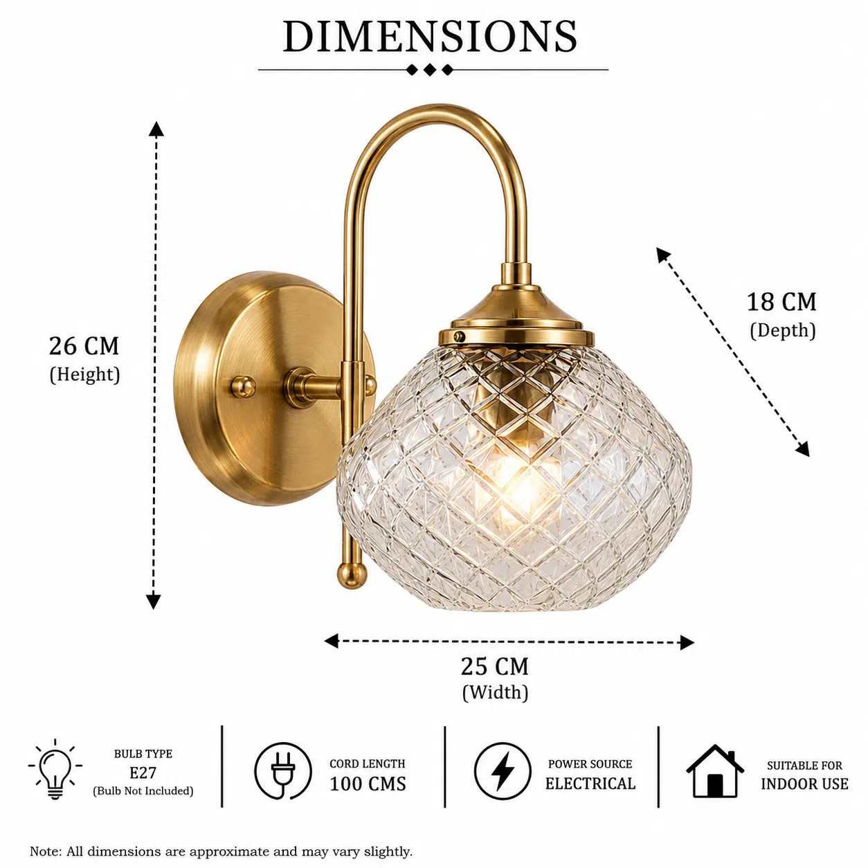Vintage Brass Wall Light - Diamond Cut Glass E27 Wall Sconce - Image 6