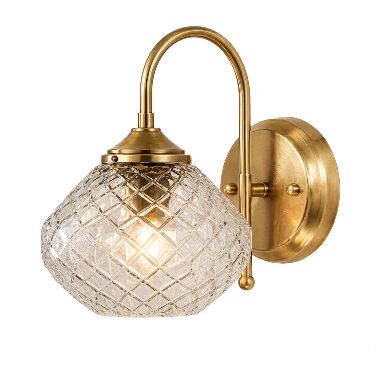 Vintage Brass Wall Light - Diamond Cut Glass E27 Wall Sconce - Image 5
