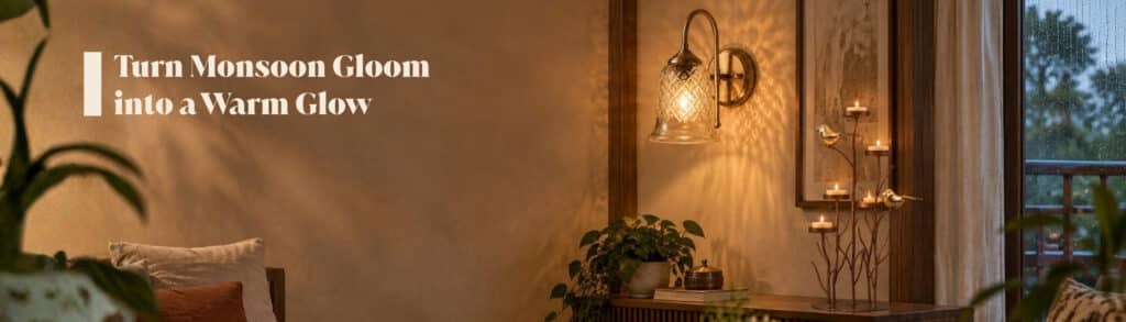 Cozy monsoon mood lighting featuring handcrafted metallic candle holders, a bird-themed candle stand, and warm glass wall sconces in a rainy living room setting. Text reads: Turn Monsoon Gloom Into a Warm Glow.