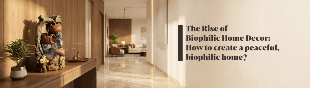 Biophilic home decor living room featuring handcrafted wooden wall art, warm accent lighting, and natural earthy decor.
