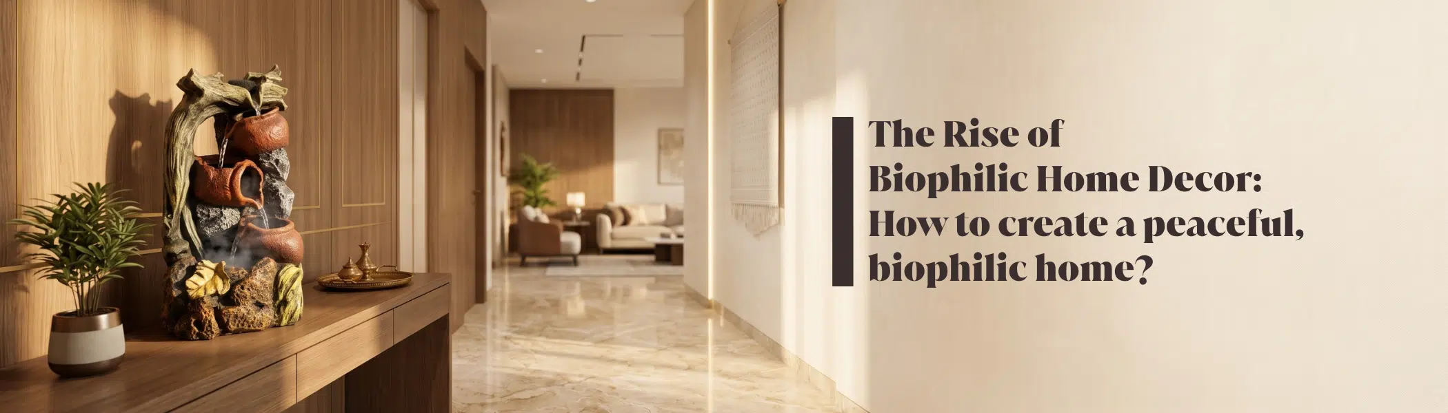 Biophilic home decor living room featuring handcrafted wooden wall art, warm accent lighting, and natural earthy decor.