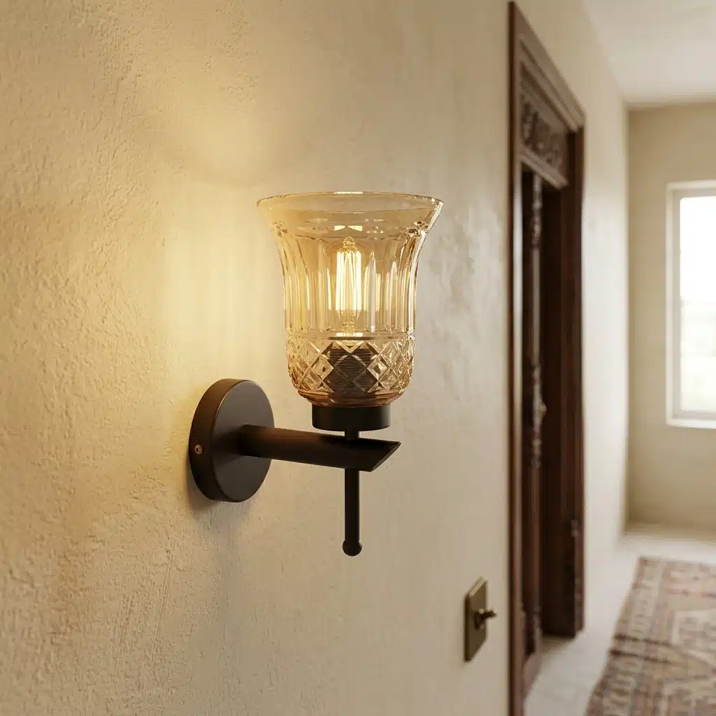 Modern Black Wall Light - Amber Fluted Glass E27 Wall Sconce - Image 3