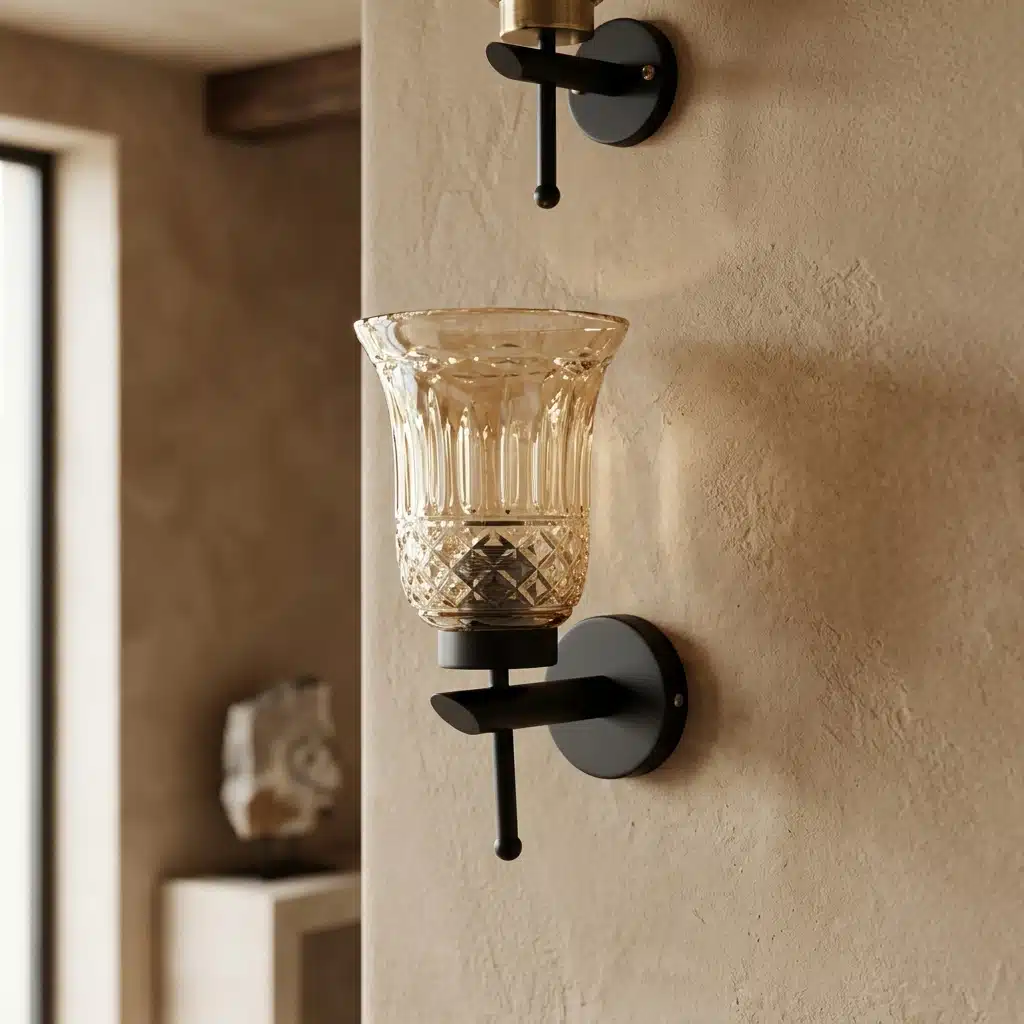 Modern Black Wall Light - Amber Fluted Glass E27 Wall Sconce - Image 2