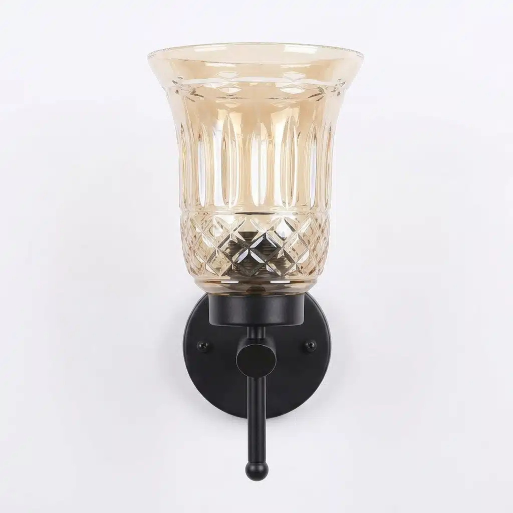 Modern Black Wall Light - Amber Fluted Glass E27 Wall Sconce - Image 5