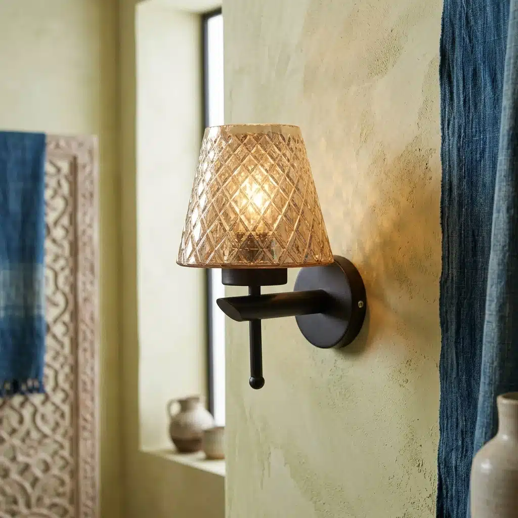 Modern Black Wall Sconce - Diamond Textured Amber Glass E27 Light - Image 3