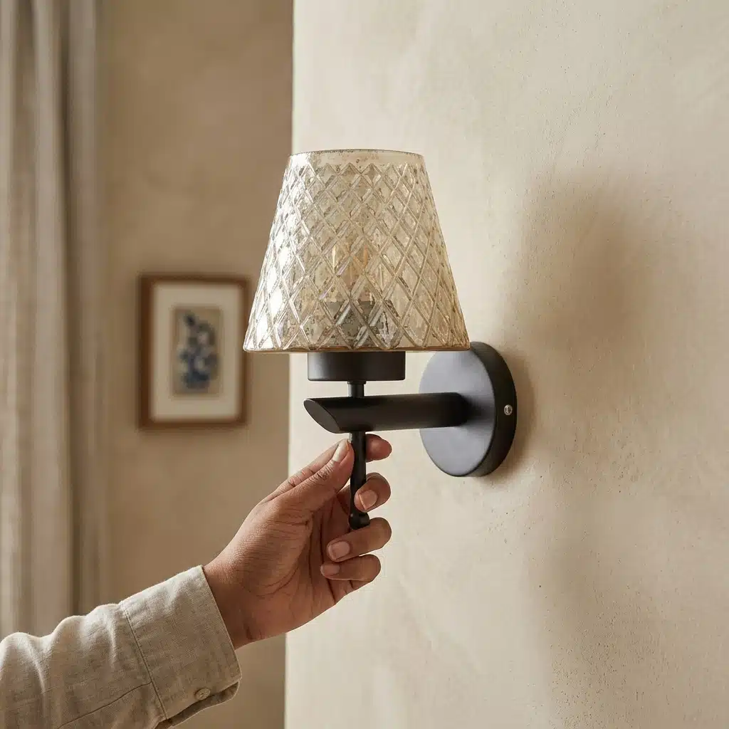 Modern Black Wall Sconce - Diamond Textured Amber Glass E27 Light - Image 2
