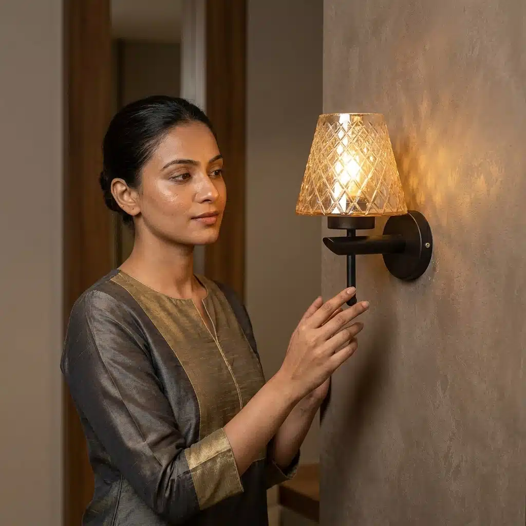 Modern Black Wall Sconce - Diamond Textured Amber Glass E27 Light - Image 4