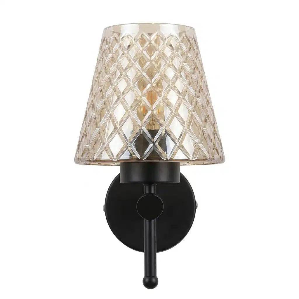 Modern Black Wall Sconce - Diamond Textured Amber Glass E27 Light - Image 5