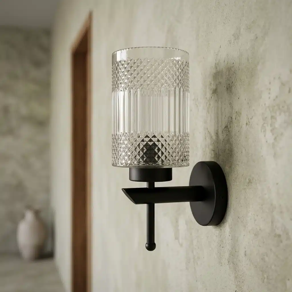 Modern Black Wall Light - Crystal Clear Textured Glass E27 Sconce - Image 3