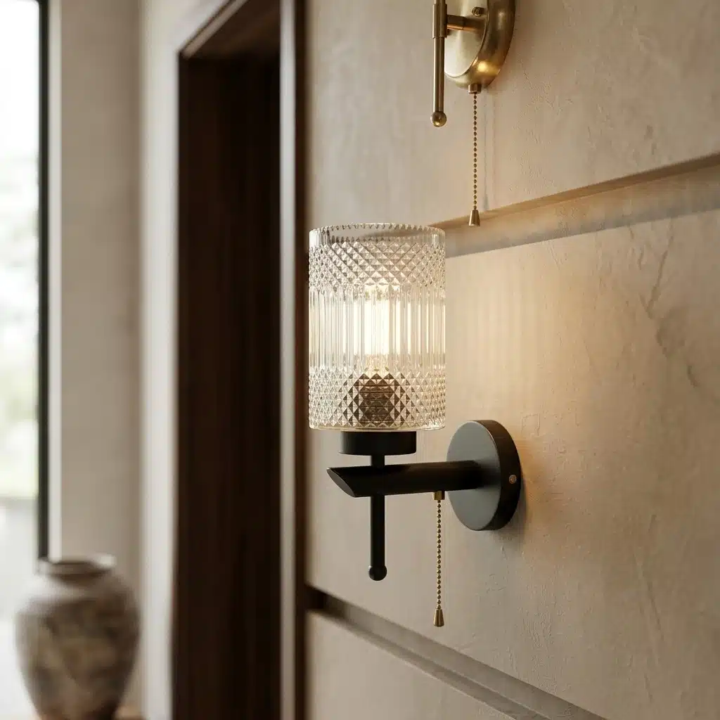 Modern Black Wall Light - Crystal Clear Textured Glass E27 Sconce - Image 2