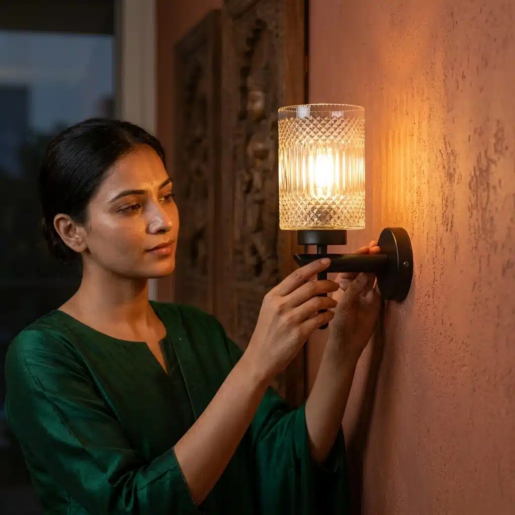 Modern Black Wall Light - Crystal Clear Textured Glass E27 Sconce - Image 4