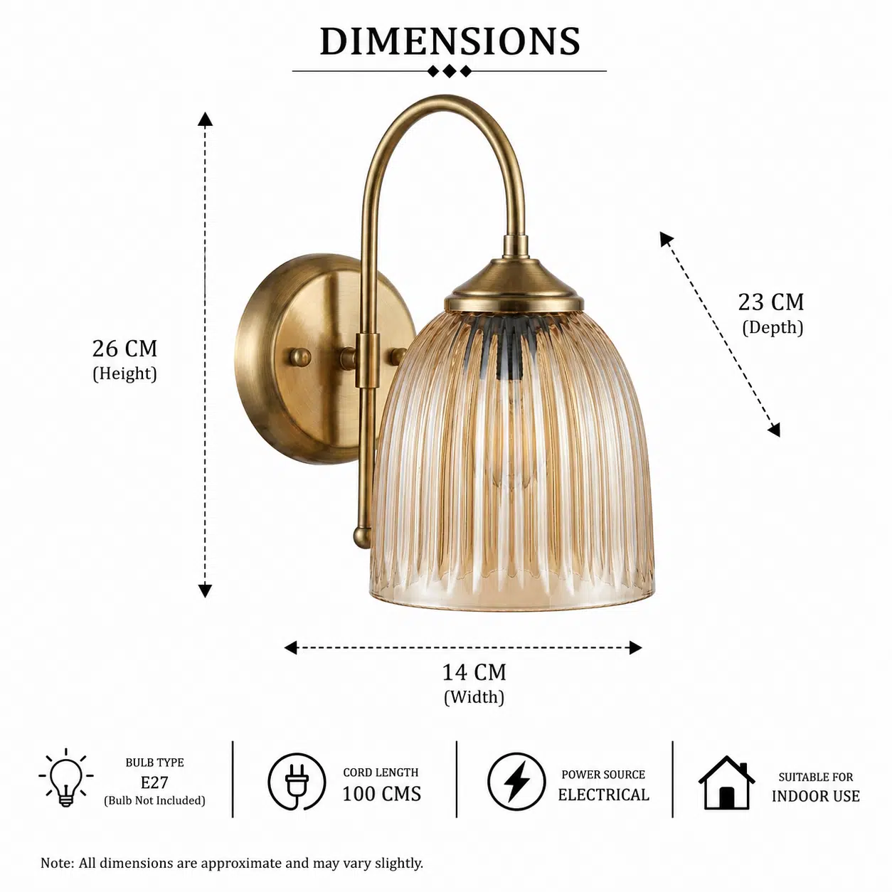 Vintage Brass Wall Light - Fluted Clear Glass E27 Wall Sconce - Image 6