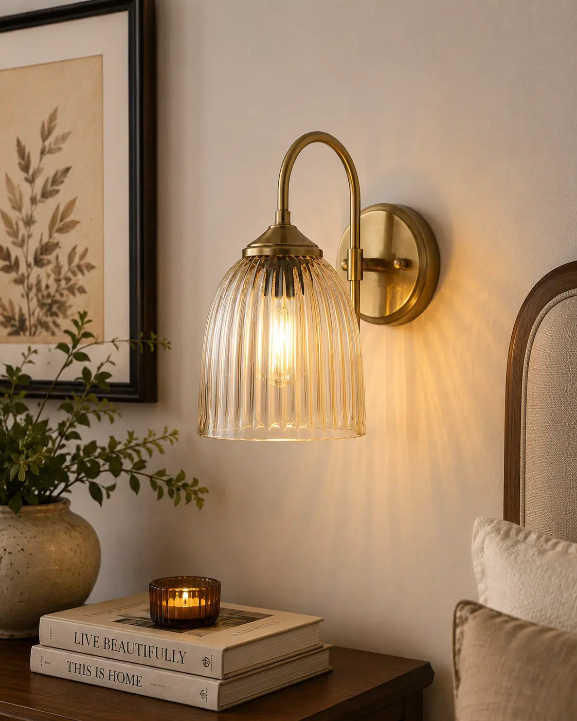 Vintage Brass Wall Light - Fluted Clear Glass E27 Wall Sconce