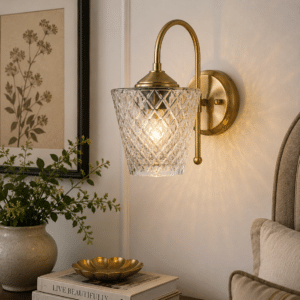Vintage Brass Wall Sconce - Diamond Cut Glass Shade with E27 Holder