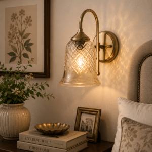 Vintage Brass Wall Light - Bell Crystal Glass Shade E27 Sconce