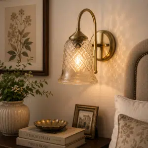 Vintage Brass Wall Light - Bell Crystal Glass Shade E27 Sconce