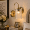 Vintage Brass Wall Light - Ribbed Crystal Glass E27 Wall Sconce