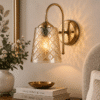 Vintage Brass Wall Sconce - Textured Crystal Glass E27 Wall Light