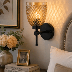 Modern Black Wall Light - Amber Diamond Textured Glass E27 Sconce