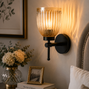 Modern Black Wall Light - Amber Ribbed Glass E27 Wall Sconce