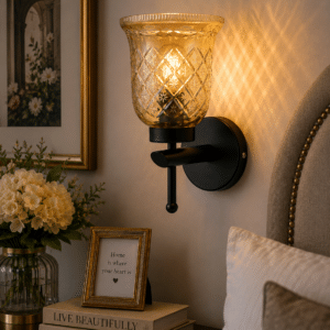 Modern Black Wall Light - Amber Textured Glass E27 Wall Sconce