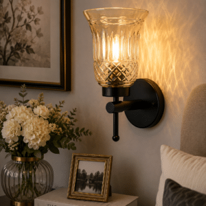 Modern Black Wall Light - Amber Fluted Glass E27 Wall Sconce