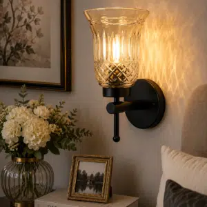 Modern Black Wall Light - Amber Fluted Glass E27 Wall Sconce