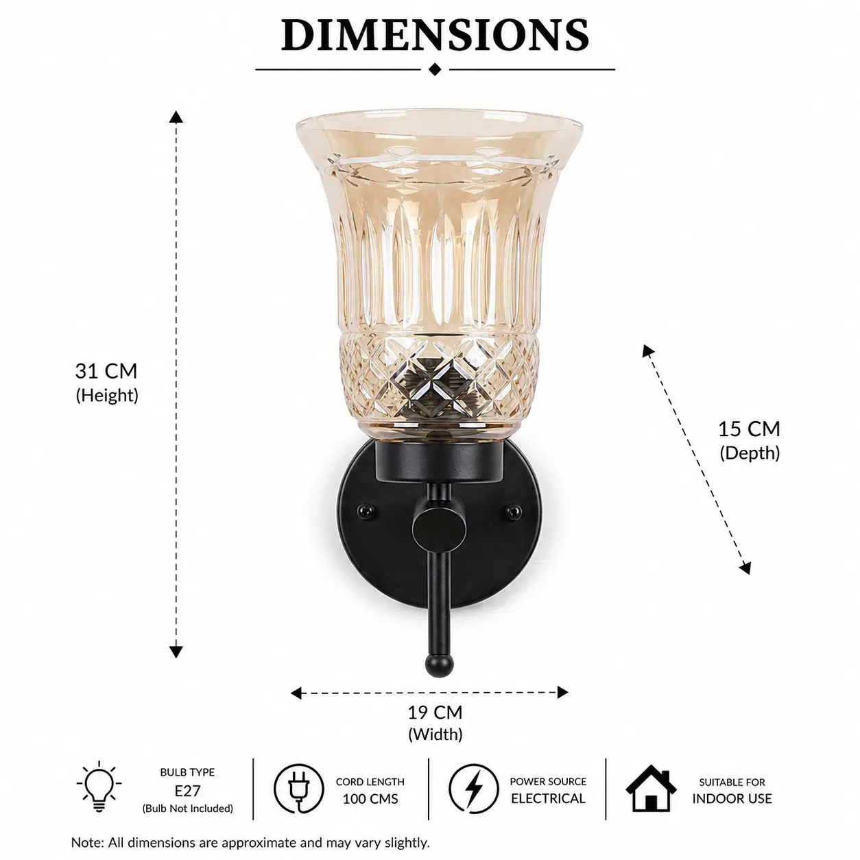 Modern Black Wall Light - Amber Fluted Glass E27 Wall Sconce - Image 6
