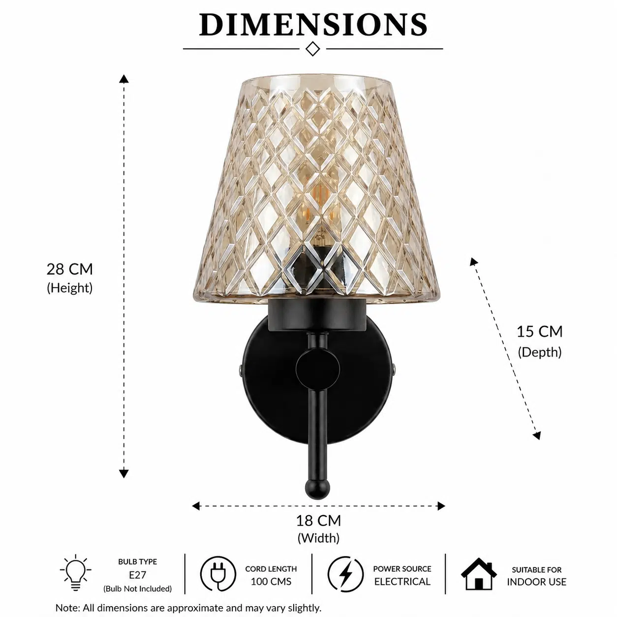 Modern Black Wall Sconce - Diamond Textured Amber Glass E27 Light - Image 6