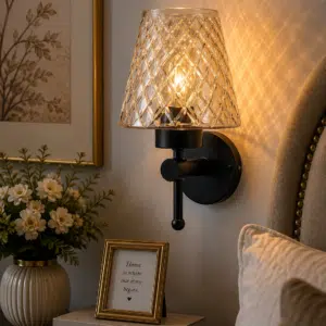 Modern Black Wall Sconce - Diamond Textured Amber Glass E27 Light