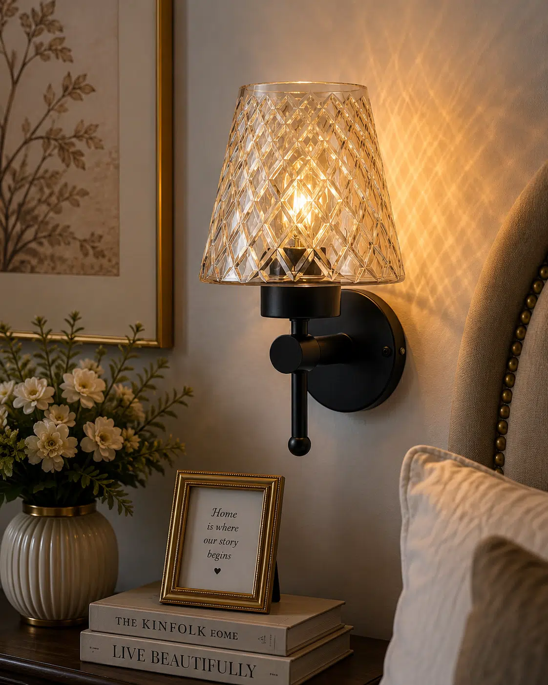 Modern Black Wall Sconce - Diamond Textured Amber Glass E27 Light
