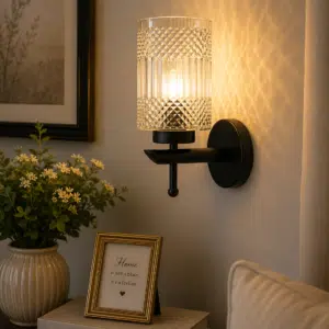 Modern Black Wall Light - Crystal Clear Textured Glass E27 Sconce